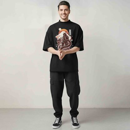 Samurai Dragon Graphic Design Printed Oversized Tshirt Black