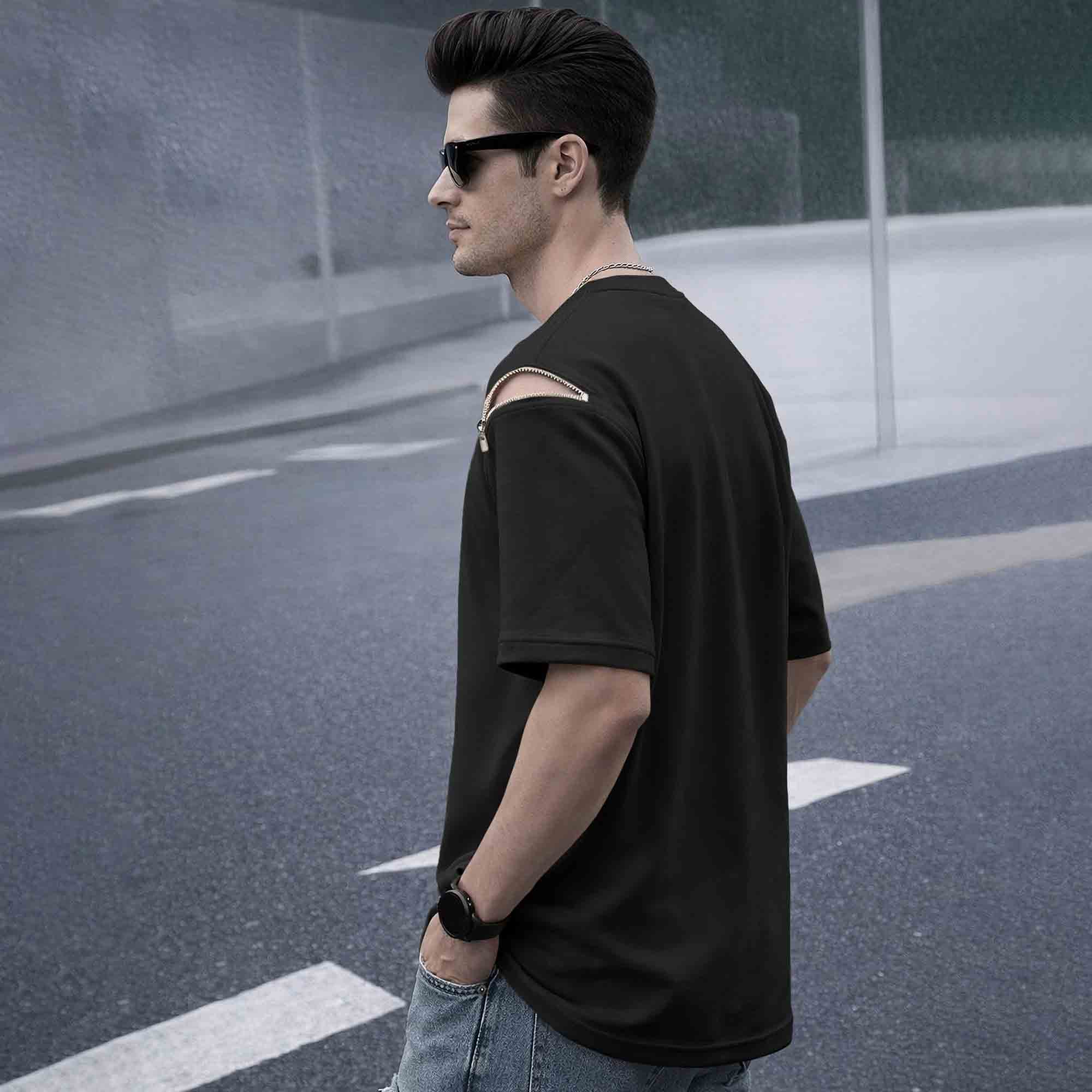Mens Oversized Round Neck Plain Black Arm Zip T-Shirt