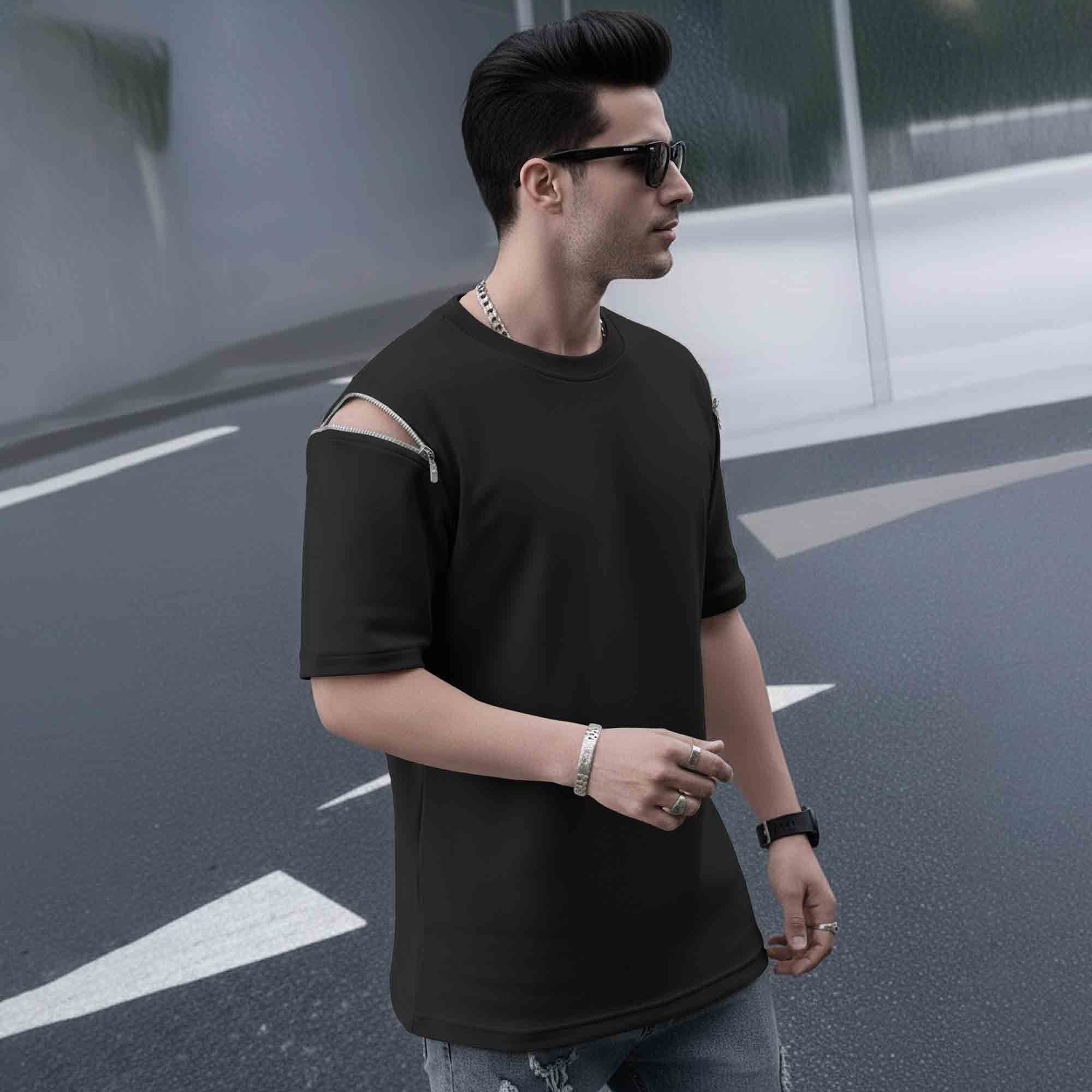 Mens Oversized Round Neck Plain Black Arm Zip T-Shirt