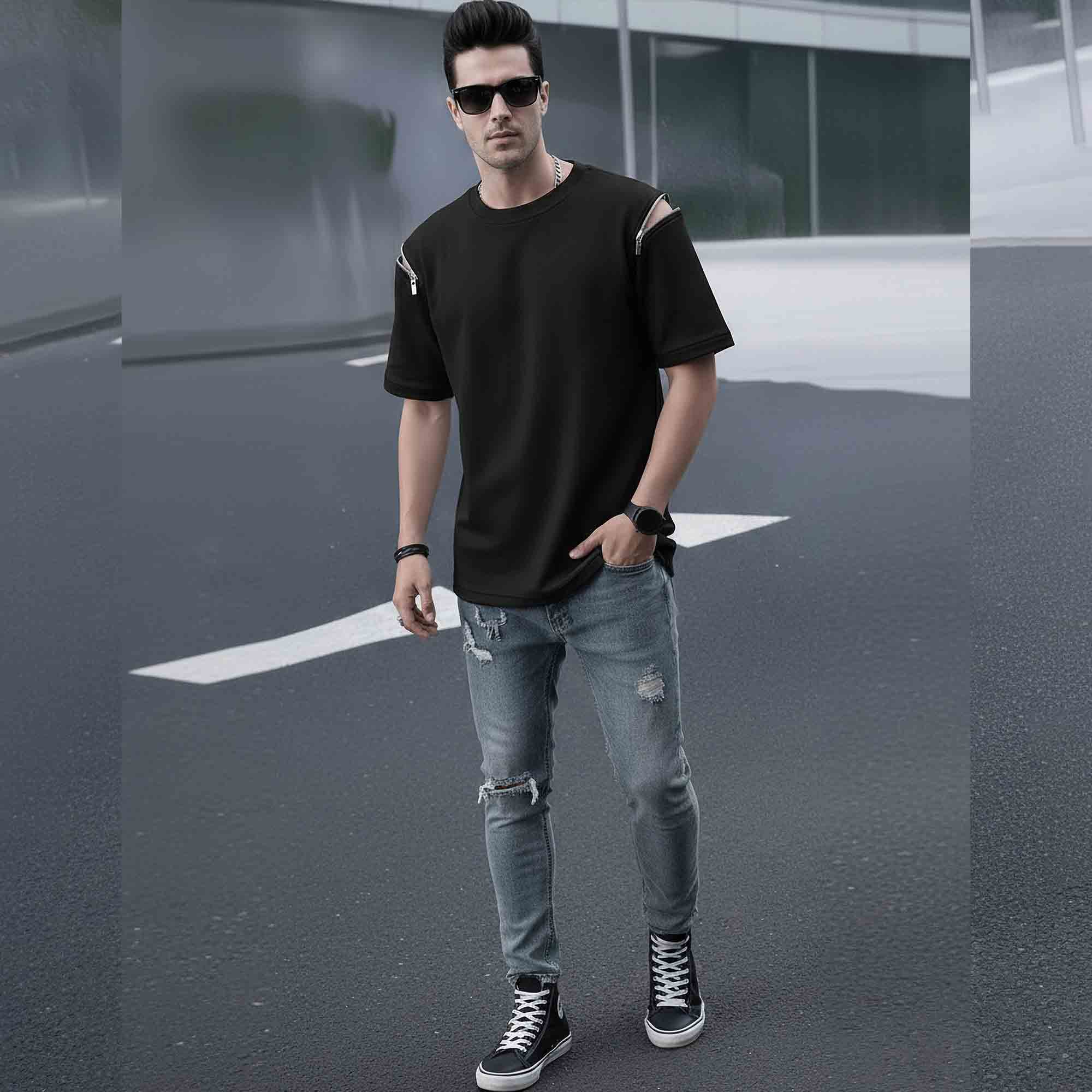 Mens Oversized Round Neck Plain Black Arm Zip T-Shirt