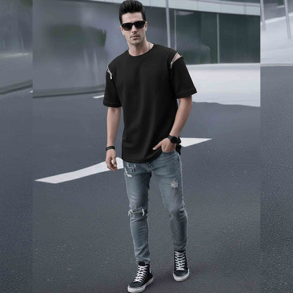 Mens Oversized Round Neck Plain Black Arm Zip T-Shirt