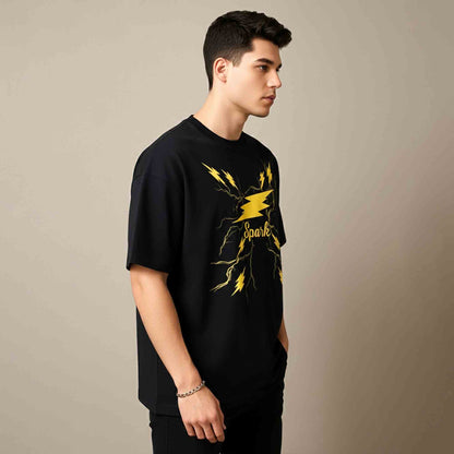 Men Spark Printed Oversized Tshirt Black