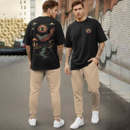 Oversized Back Printed Tshirts Plain Matching Trackpants Outfit Sets