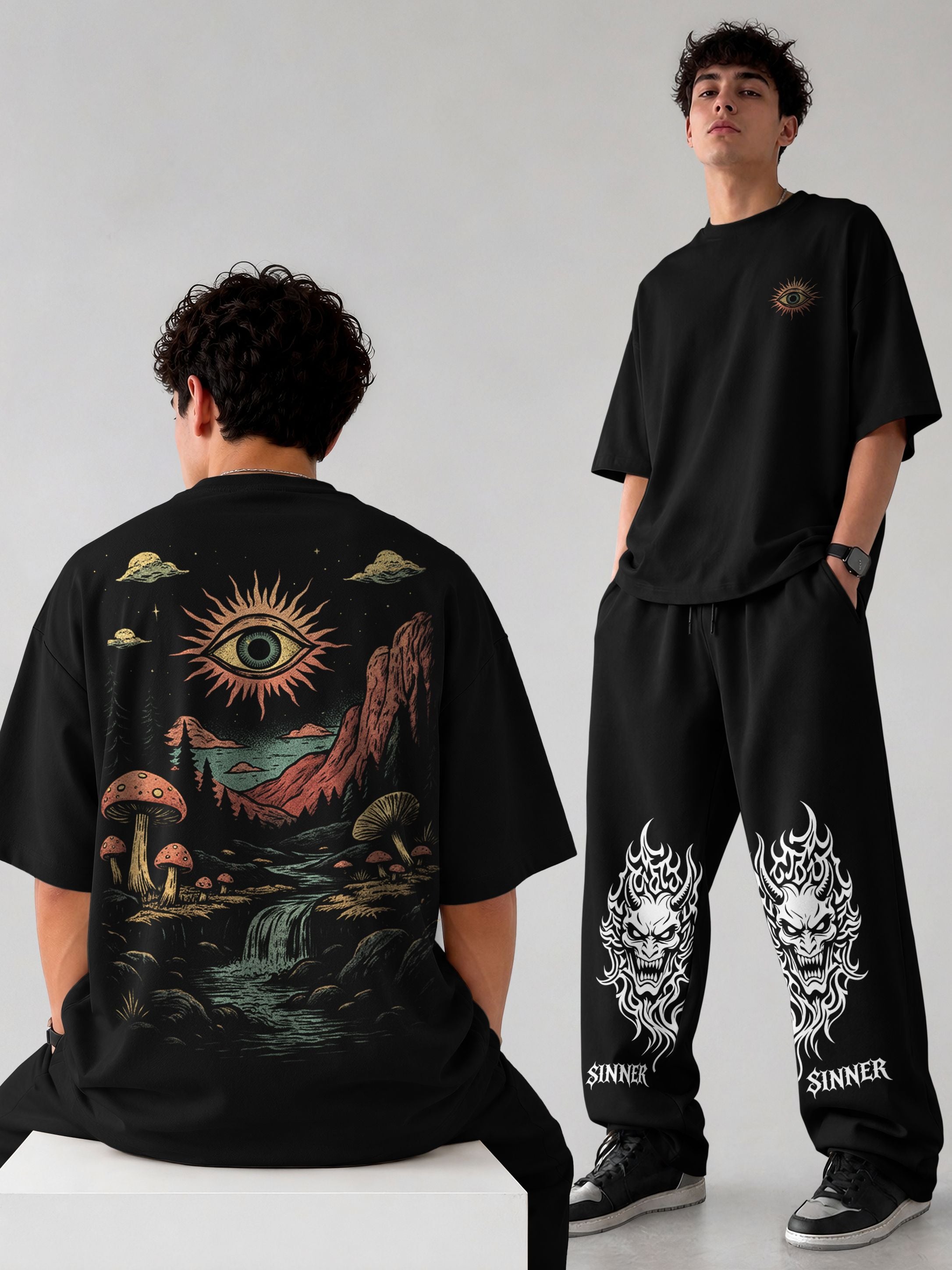 Mens Oversized Graphic Design Printed T-shirt & Baggy Trackpant Out Fit Sets