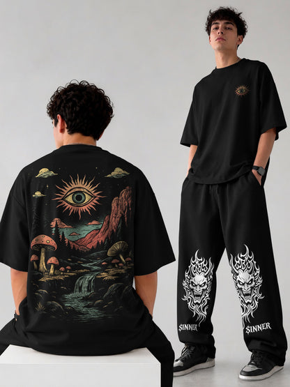 Mens Oversized Graphic Design Printed T-shirt & Baggy Trackpant Out Fit Sets