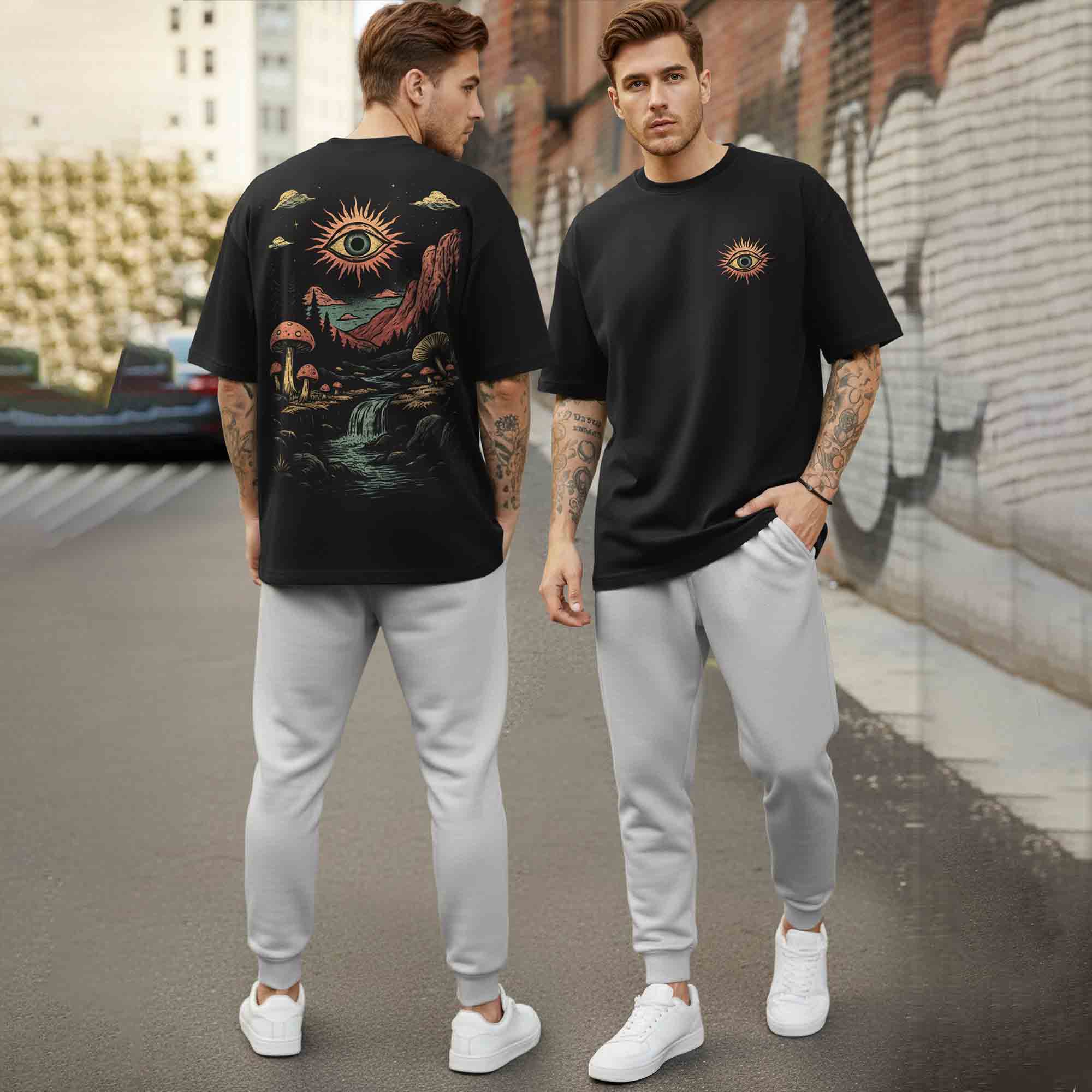 Oversized Back Printed Tshirts Plain Matching Trackpants Outfit Sets