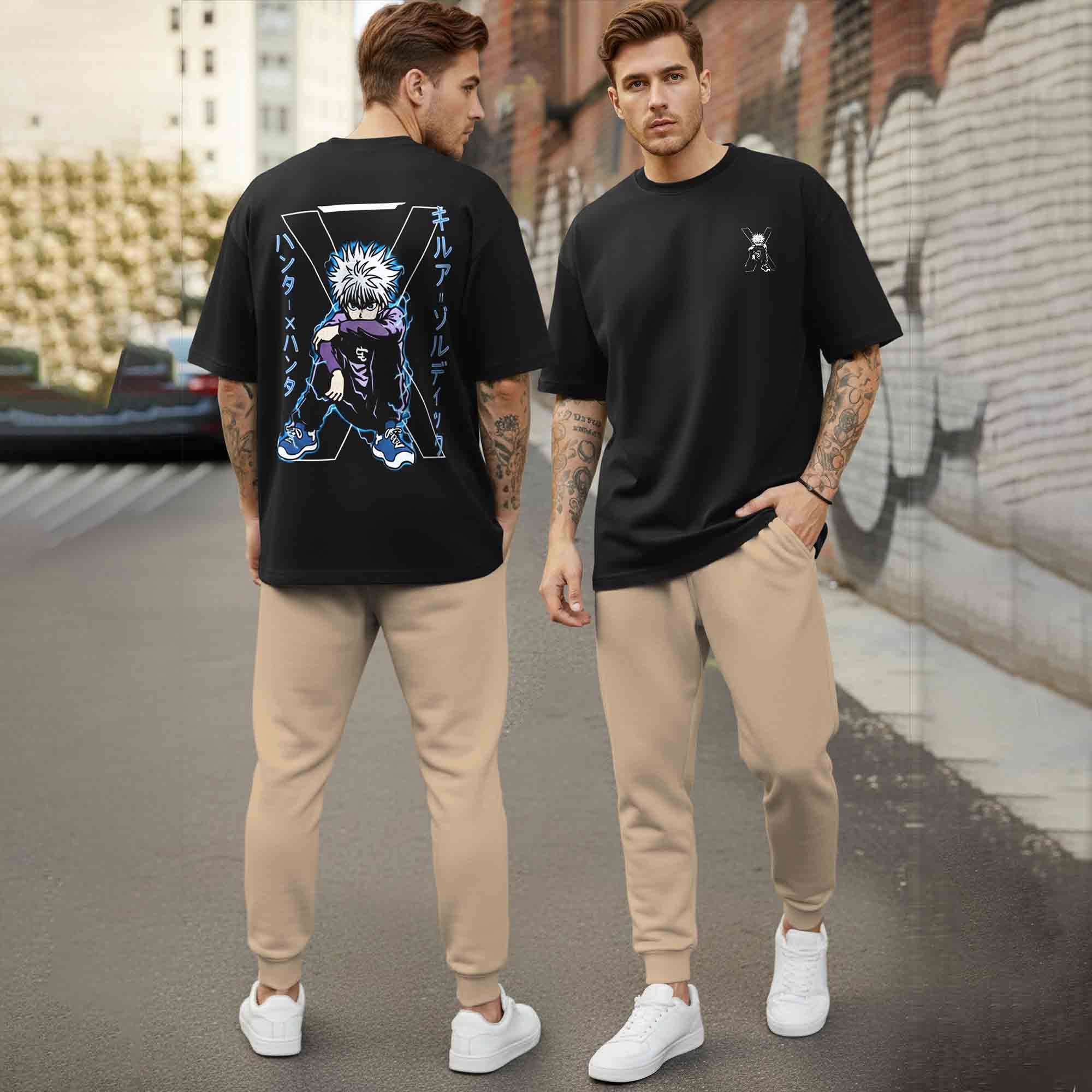 Oversized Back Printed Tshirts Plain Matching Trackpants Outfit Sets