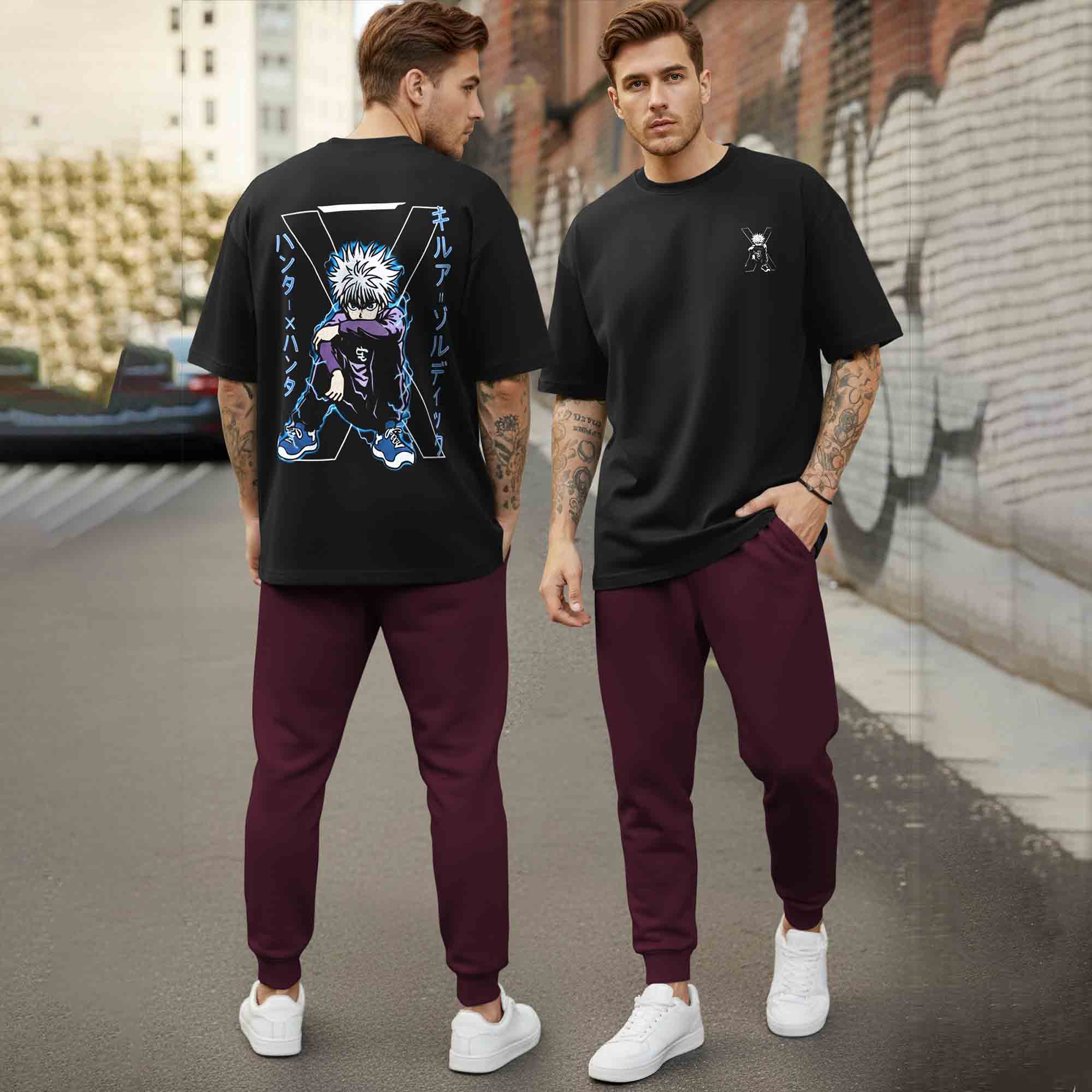 Oversized Back Printed Tshirts Plain Matching Trackpants Outfit Sets