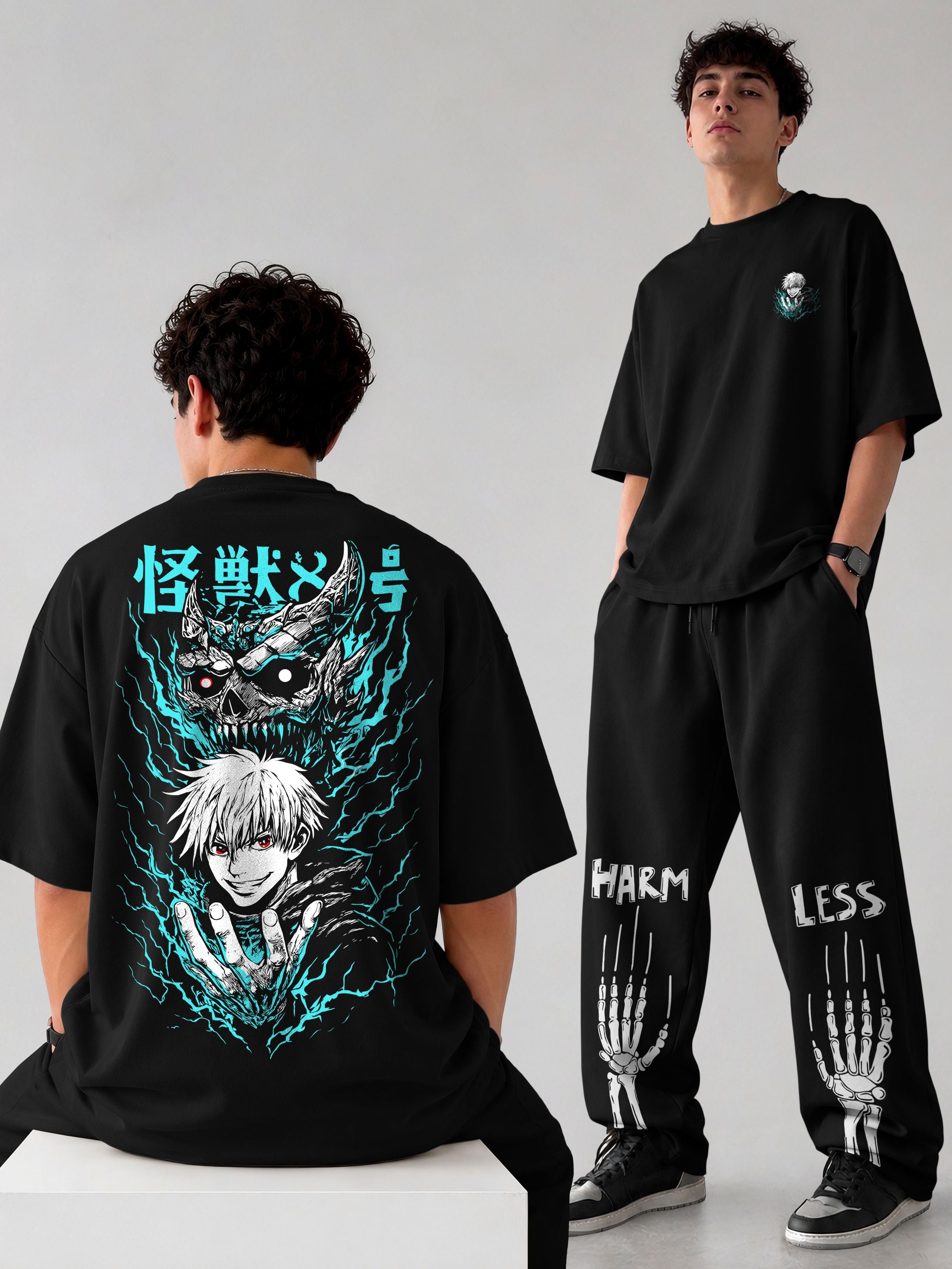 Mens Oversized Graphic Design Printed T-shirt & Baggy Trackpant Out Fit Sets