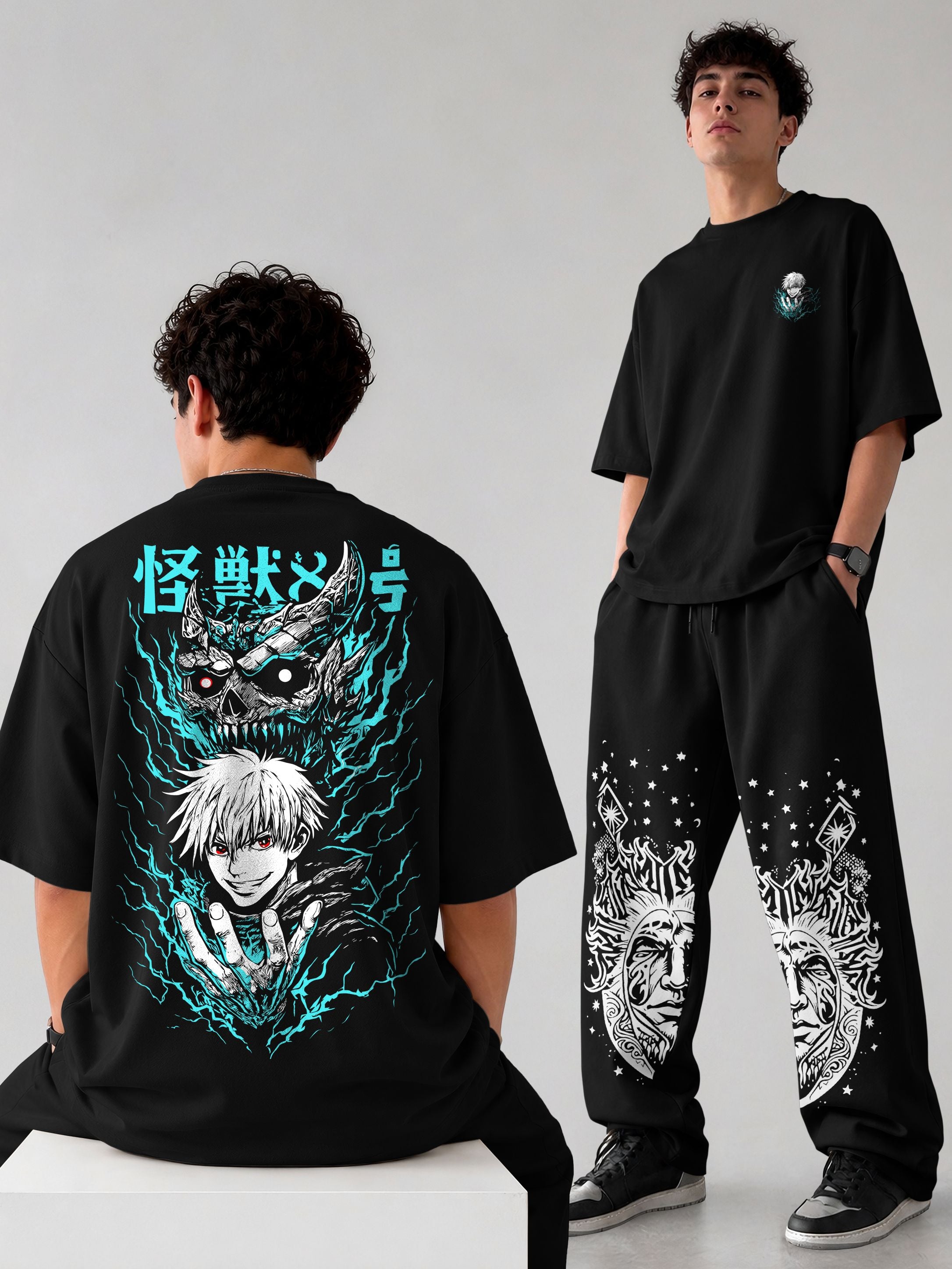 Mens Oversized Graphic Design Printed T-shirt & Baggy Trackpant Out Fit Sets