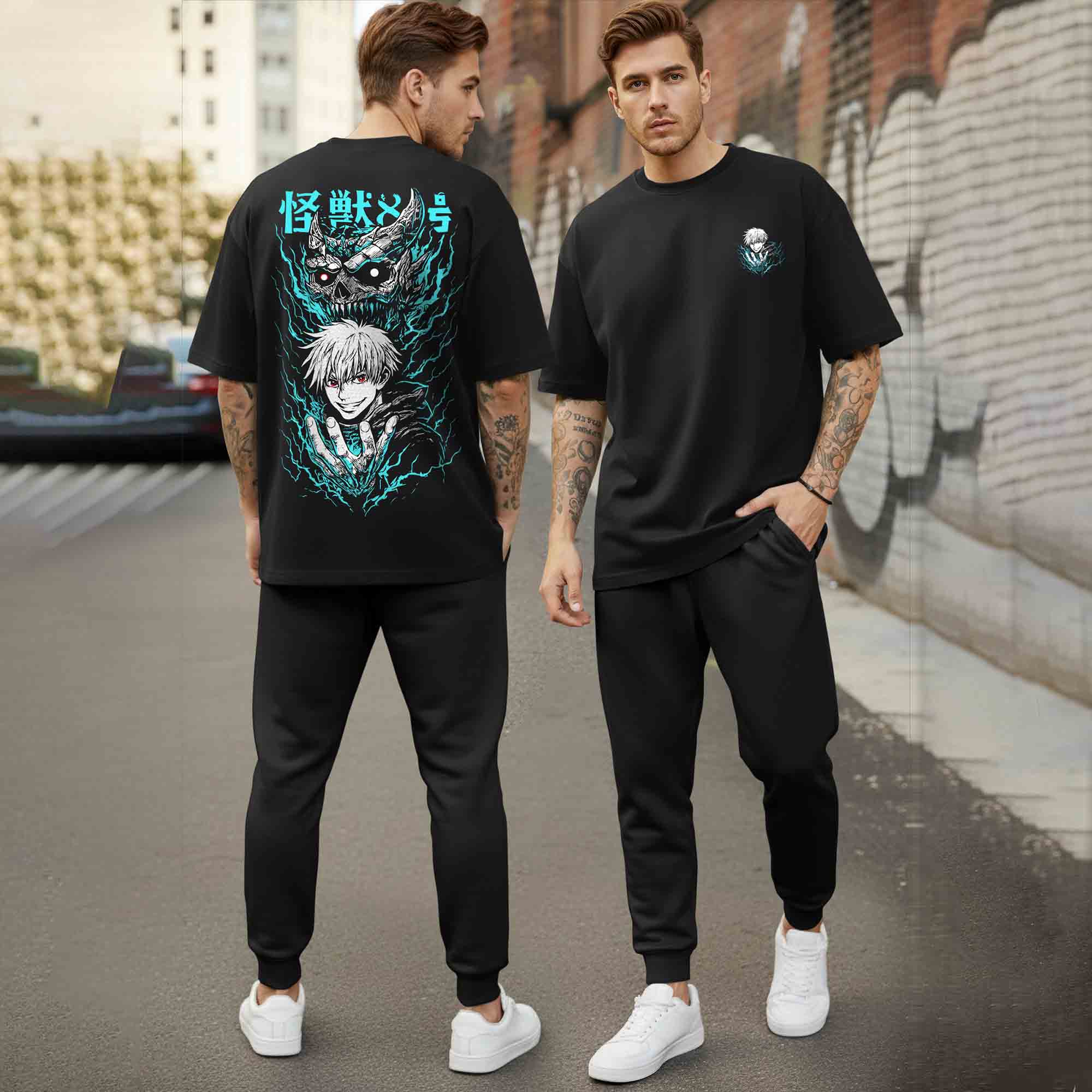 Oversized Back Printed Tshirts Plain Matching Trackpants Outfit Sets