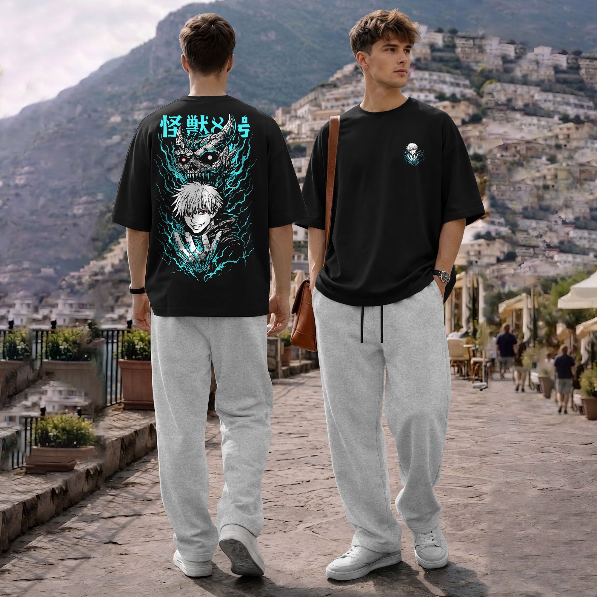 Men Tracksuit Oversized Back Printed Tshirts Loose Fit Plain Trackpants