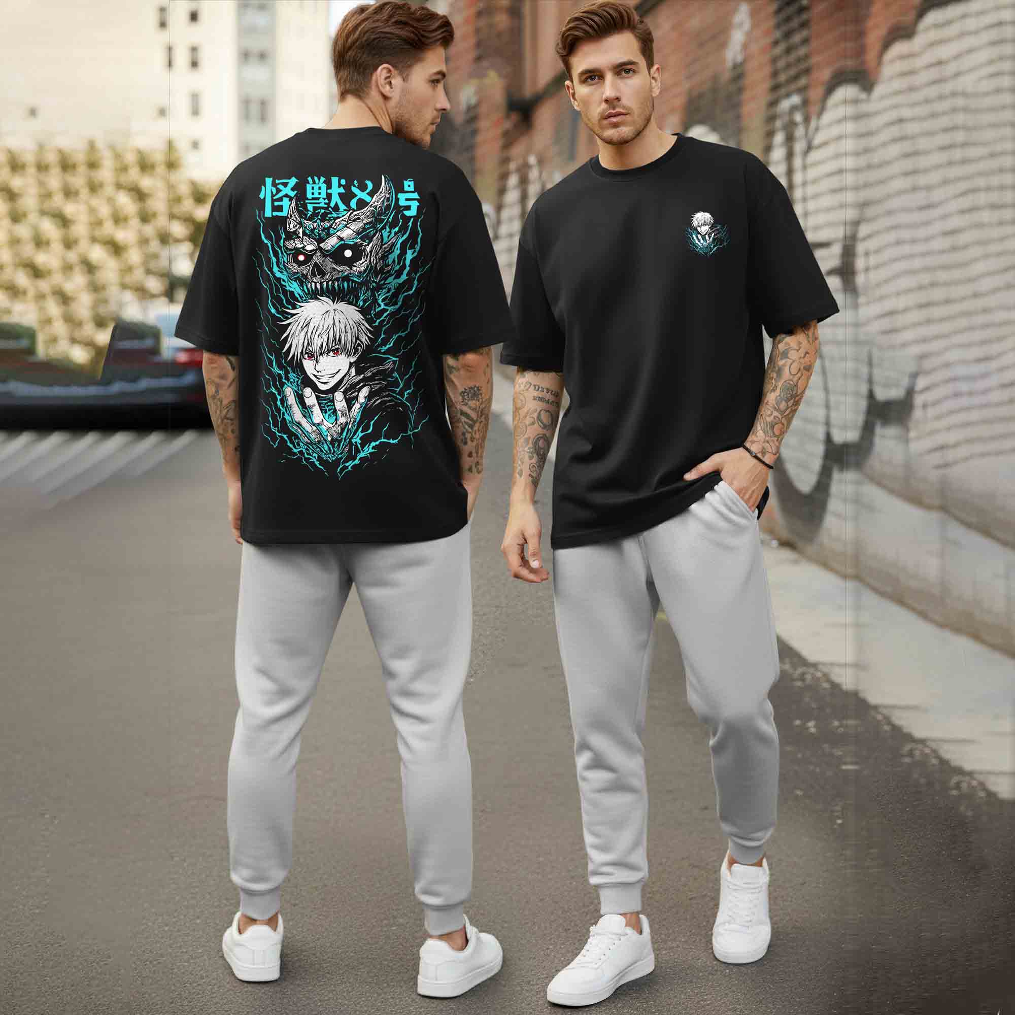 Oversized Back Printed Tshirts Plain Matching Trackpants Outfit Sets