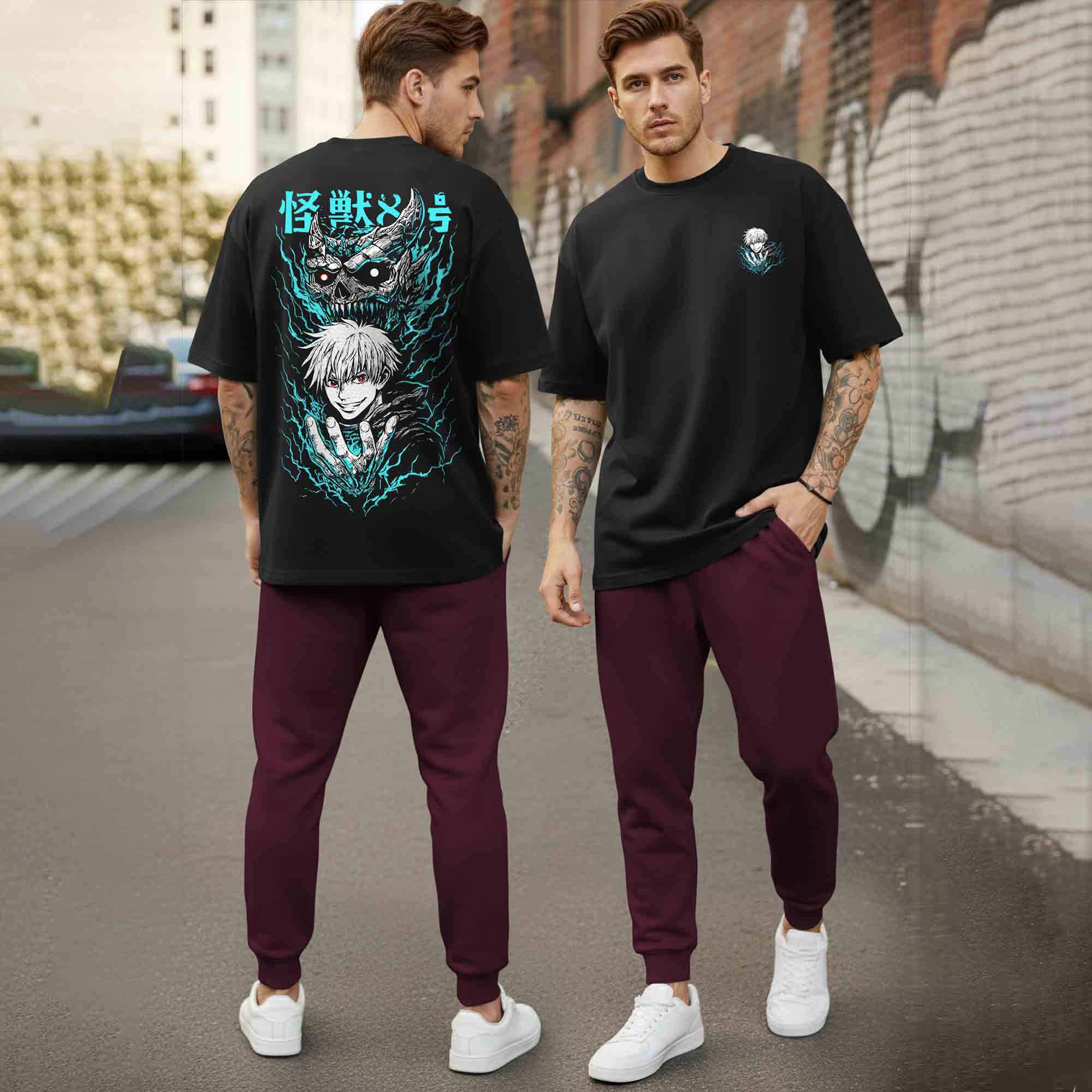 Oversized Back Printed Tshirts Plain Matching Trackpants Outfit Sets