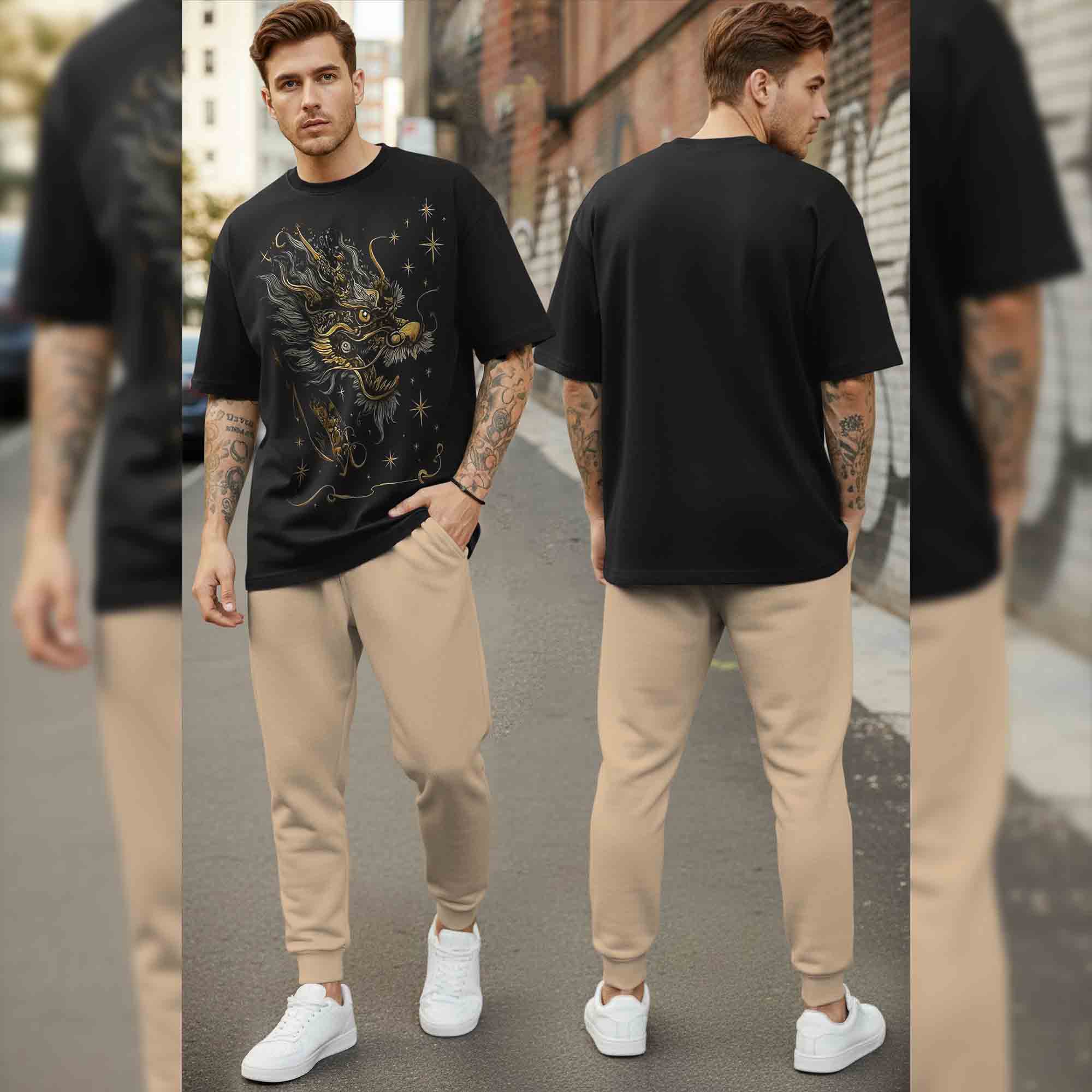 Oversized Back Printed Tshirts Plain Matching Trackpants Outfit Sets
