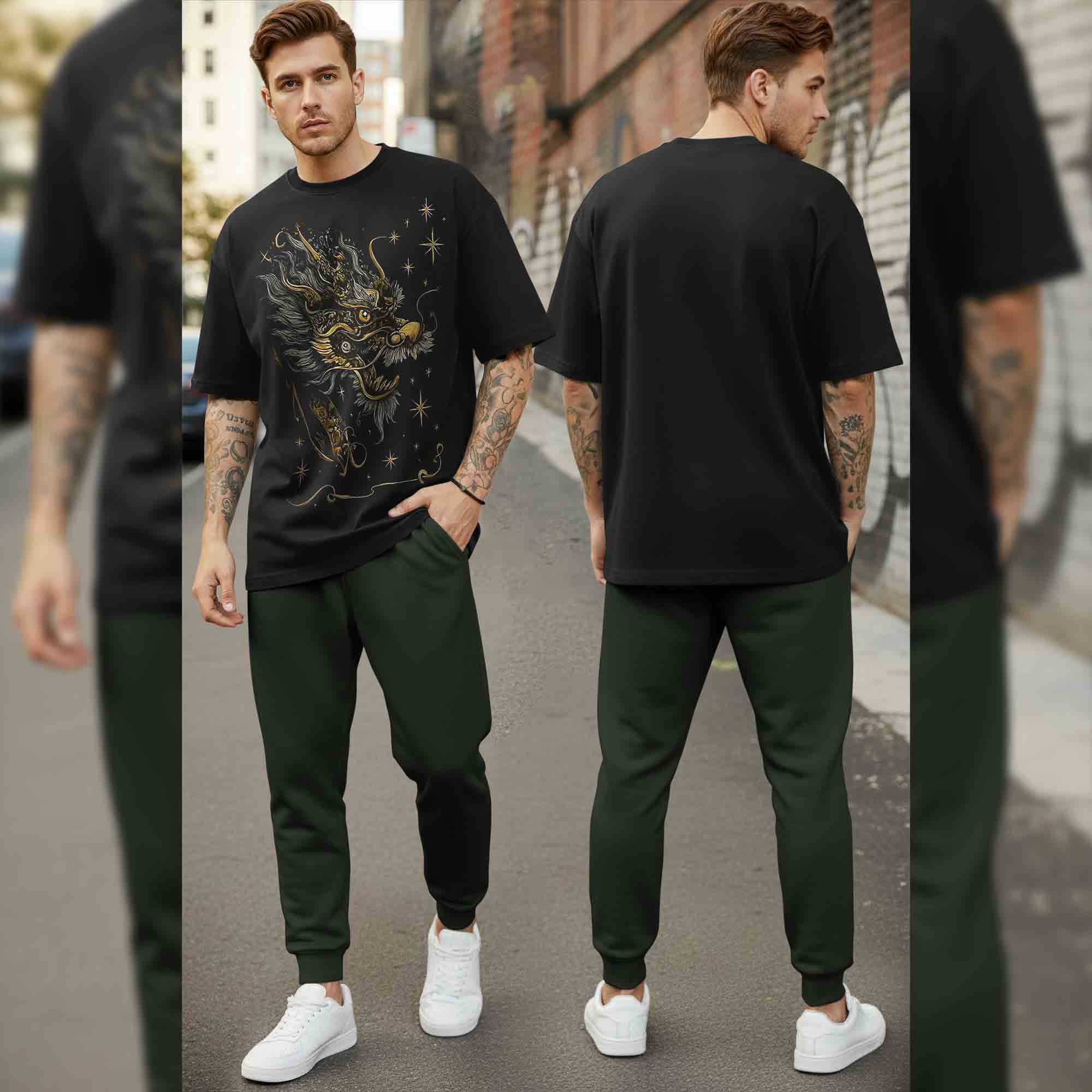 Oversized Back Printed Tshirts Plain Matching Trackpants Outfit Sets
