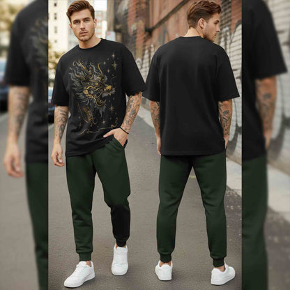 Oversized Back Printed Tshirts Plain Matching Trackpants Outfit Sets