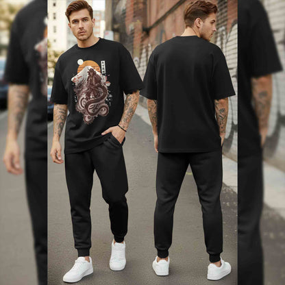 Men Tracksuit Oversized Back Printed Tshirts Plain Trackpants