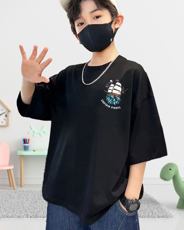 Boys Black Pirate Graphic Back Printed Oversized T-shirt