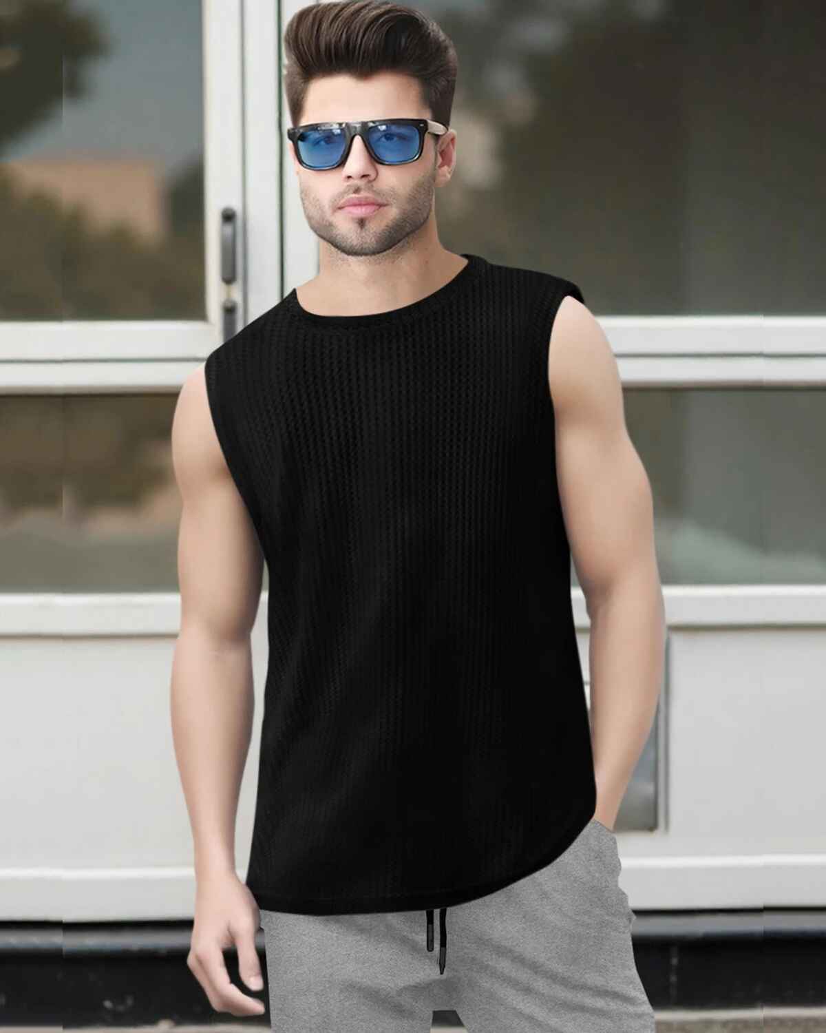 Men Casual Round Neck Plain Waffle Vest Black