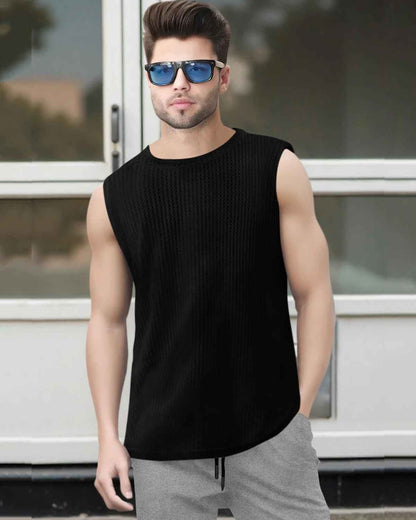 Men Casual Round Neck Plain Waffle Vest Black