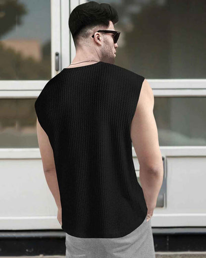 Men Casual Round Neck Plain Waffle Vest Black