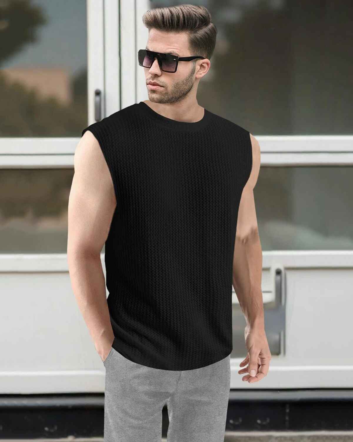 Men Casual Round Neck Plain Waffle Vest Black