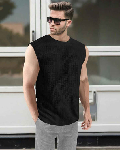 Men Casual Round Neck Plain Waffle Vest Black