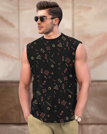 Men Black Round Neck Printed Sleeveless