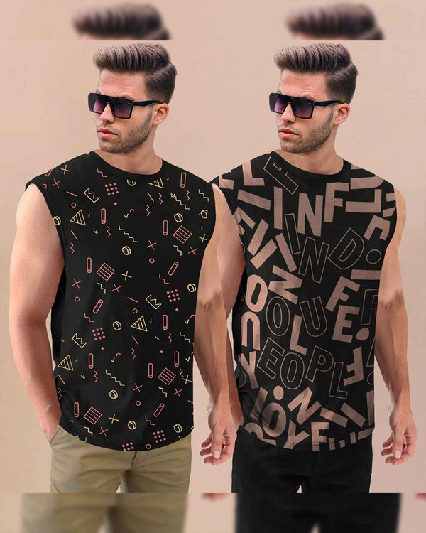 (Pack Of 2) Men Round Neck Casual Printed Vest VT4 -VT5 / Black