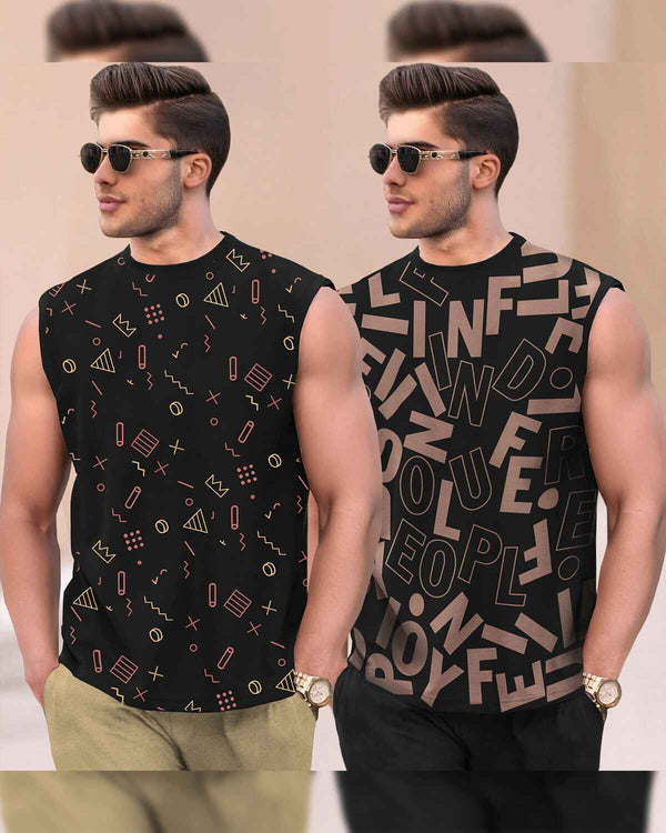(Pack Of 2) Men Round Neck Casual Printed Vest VT4 -VT5 / Black