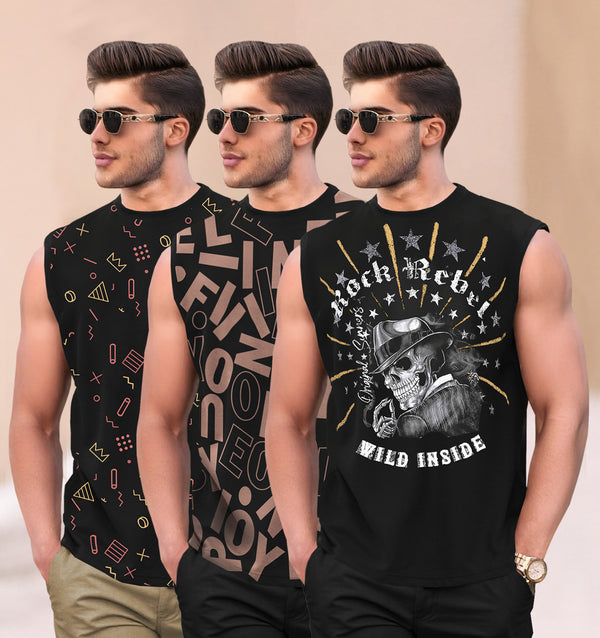 (Pack Of 3) Round Neck Printed Sleeveless / Black