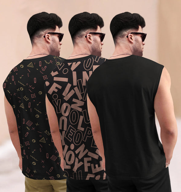 (Pack Of 3) Round Neck Printed Sleeveless / Black