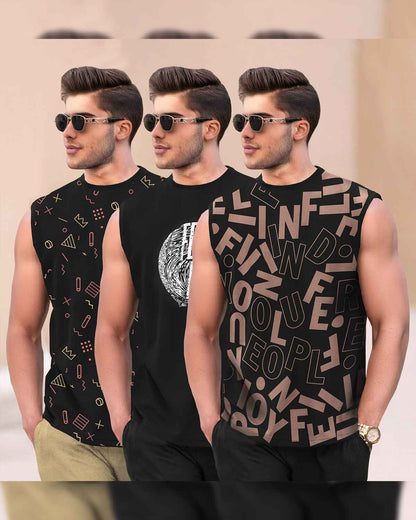 (Pack Of 3) Men Typography Printed Round Neck Vests Combo