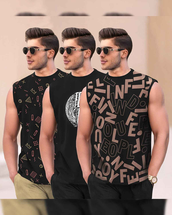 (Pack Of 3) Men Printed Round Neck Vest / VT4-Black & VT6-Black & VT5-Black