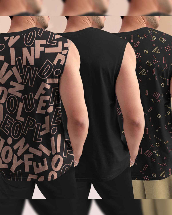 (Pack Of 3) Men Printed Round Neck Vest / VT4-Black & VT6-Black & VT5-Black