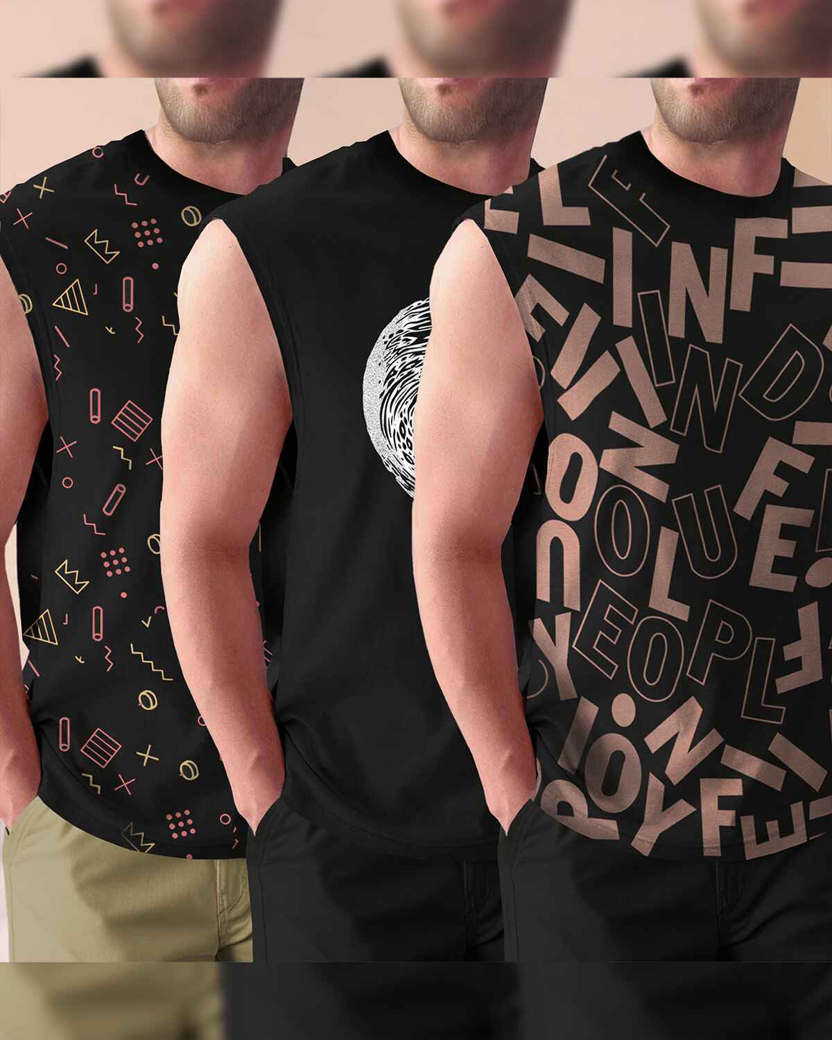 (Pack Of 3) Men Typography Printed Round Neck Vests Combo