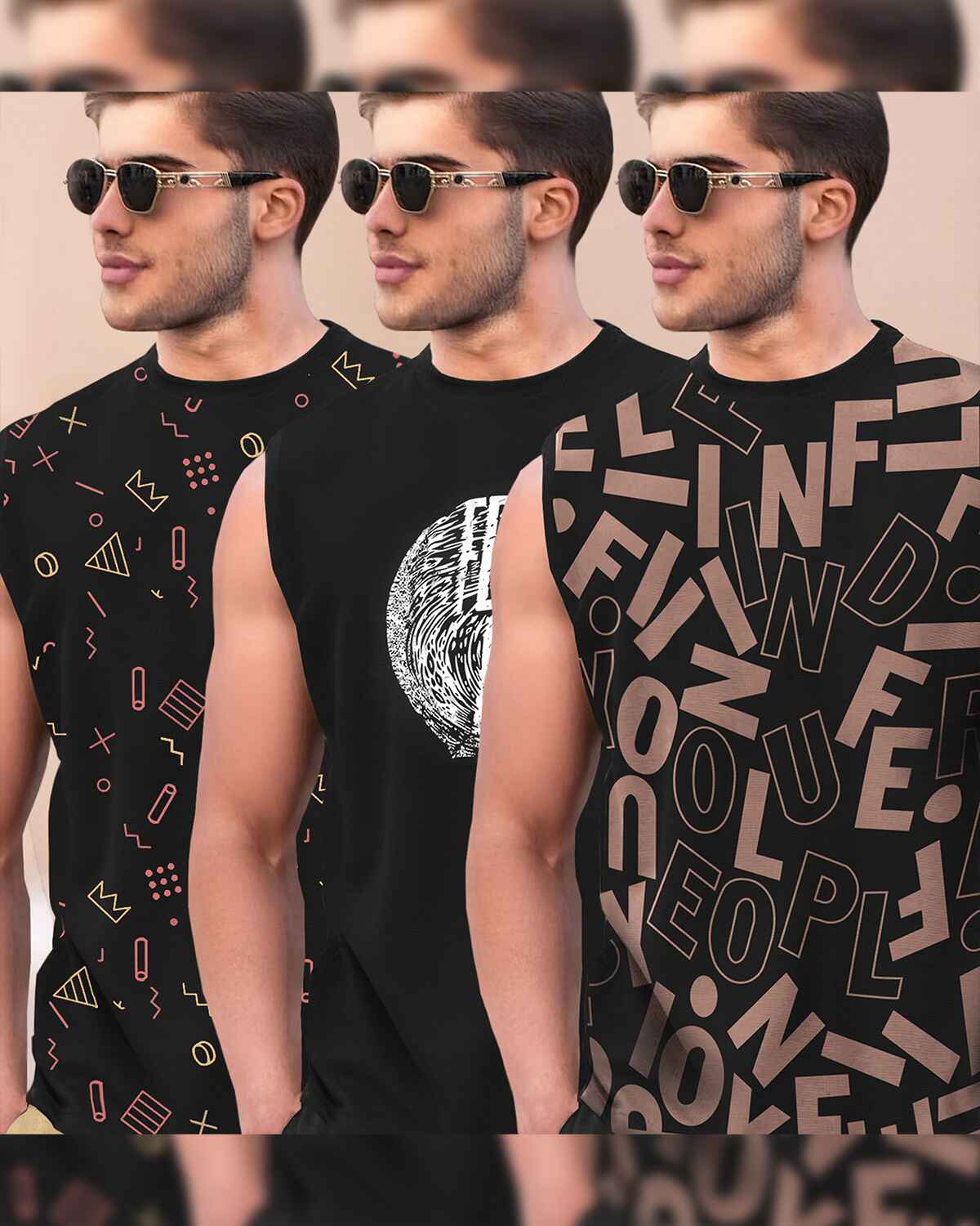 (Pack Of 3) Men Typography Printed Round Neck Vests Combo