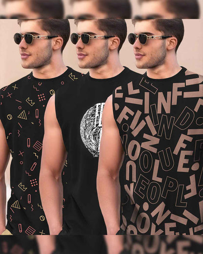 (Pack Of 3) Men Typography Printed Round Neck Vests Combo