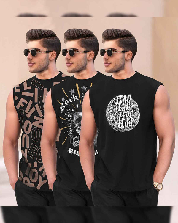 (Pack Of 3) Men Printed Round Neck Vest / VT5-Black & VT8-Black & VT6-Black