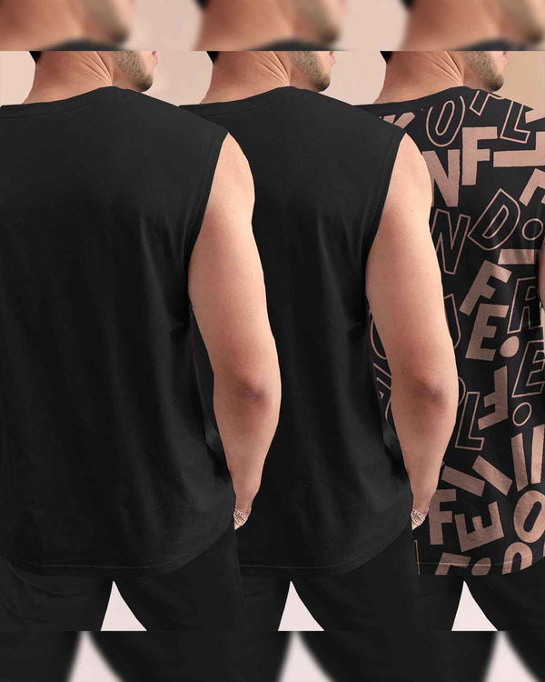 (Pack Of 3) Men Printed Round Neck Vest / VT5-Black & VT8-Black & VT6-Black