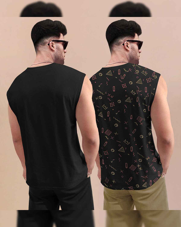 (Pack Of 2) Men Round Neck Casual Printed Vest VT6 -VT4 / Black