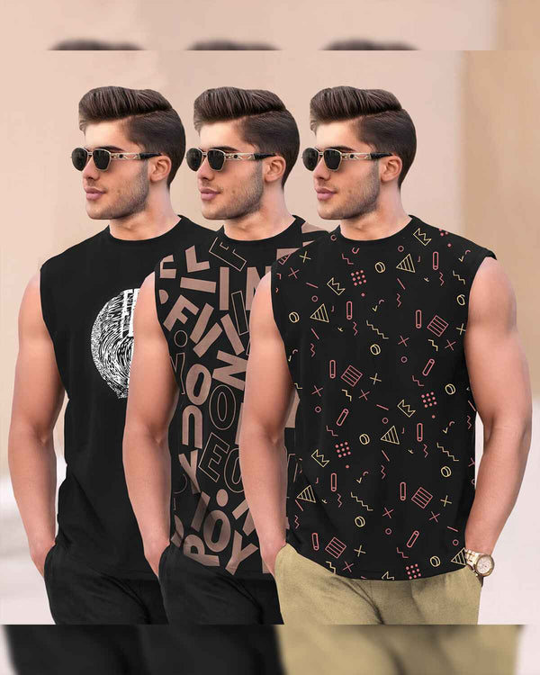 (Pack Of 3) Men Printed Round Neck Vest / VT6-Black & VT5-Black & VT4-Black