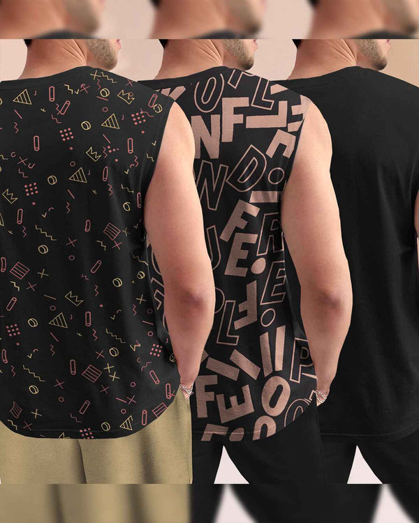 (Pack Of 3) Men Printed Round Neck Vest / VT6-Black & VT5-Black & VT4-Black