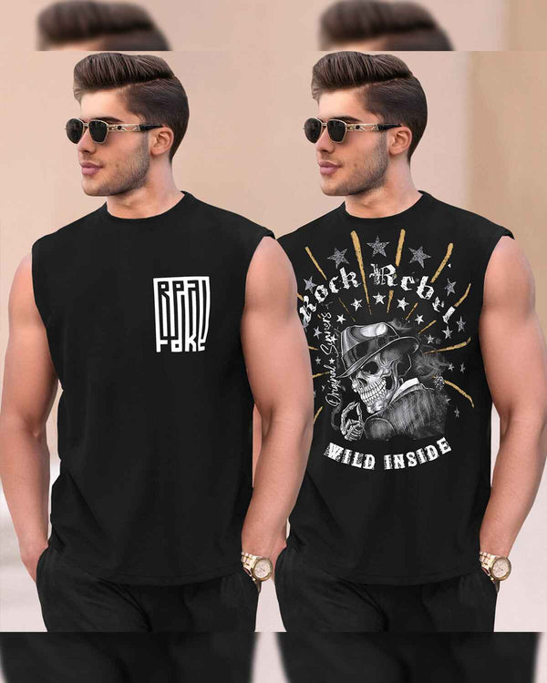 (Pack Of 2) Men Round Neck Casual Printed Vest VT7 -VT8 / Black