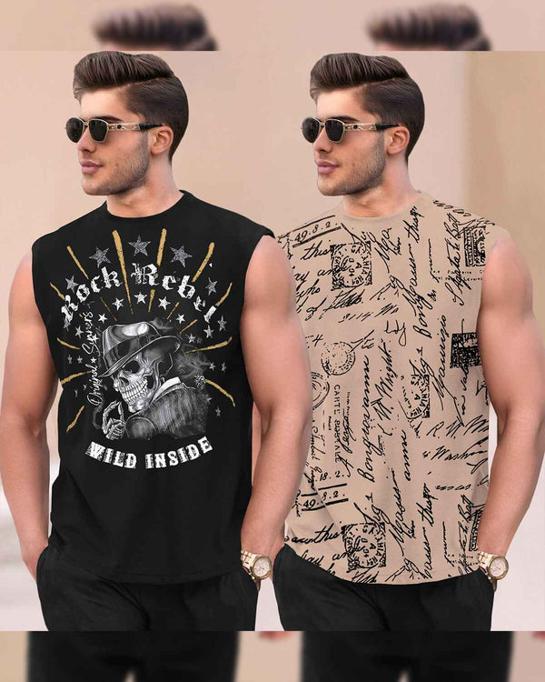 (Pack Of 2) Men Round Neck Casual Printed Vest VT8 -VT9 / Black & Beige