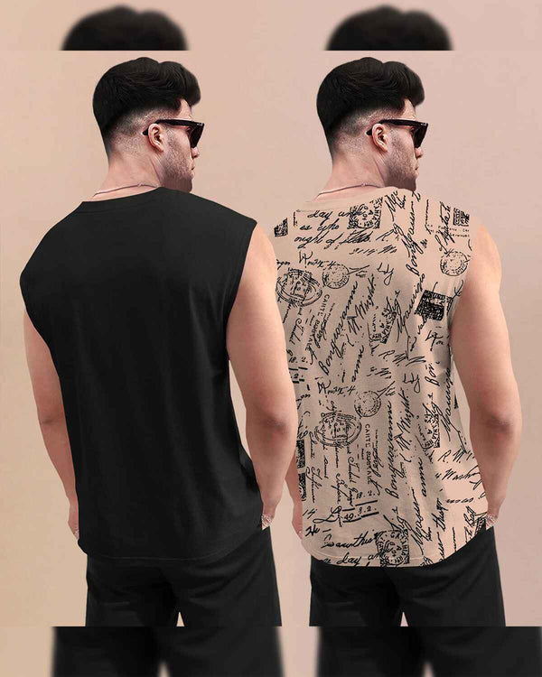 (Pack Of 2) Men Round Neck Casual Printed Vest VT8 -VT9 / Black & Beige