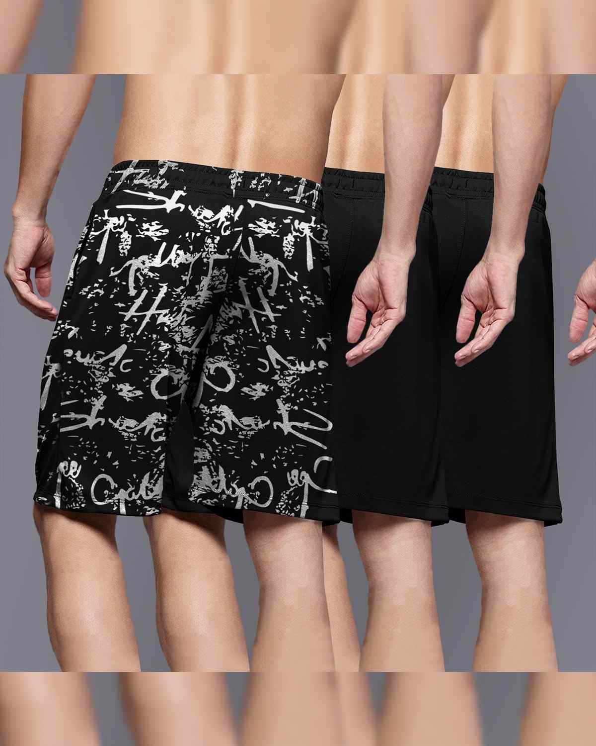 (Pack Of 3) Men Printed & Colorblocked Black Shorts
