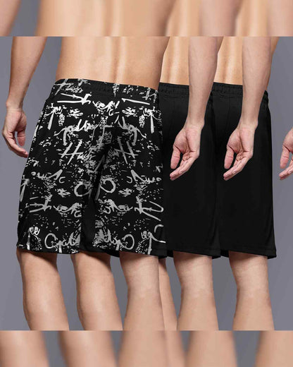 (Pack Of 3) Men Printed & Colorblocked Black Shorts