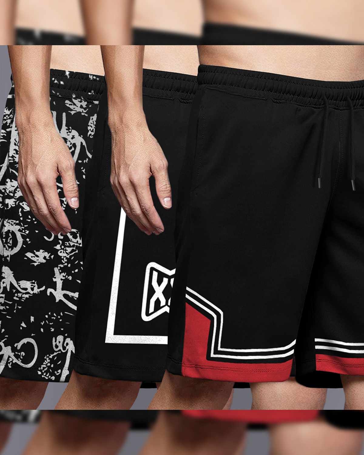 (Pack Of 3) Men Printed & Colorblocked Black Shorts